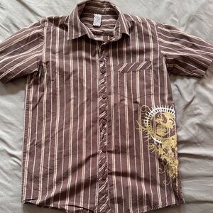 Stylish Brown Striped Men's Shirt with Artistic Design